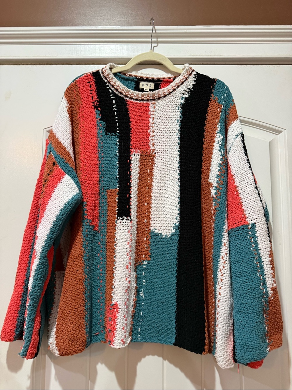 POL Colorblock Textured Crewneck Sweater in Teal, Coral & Black